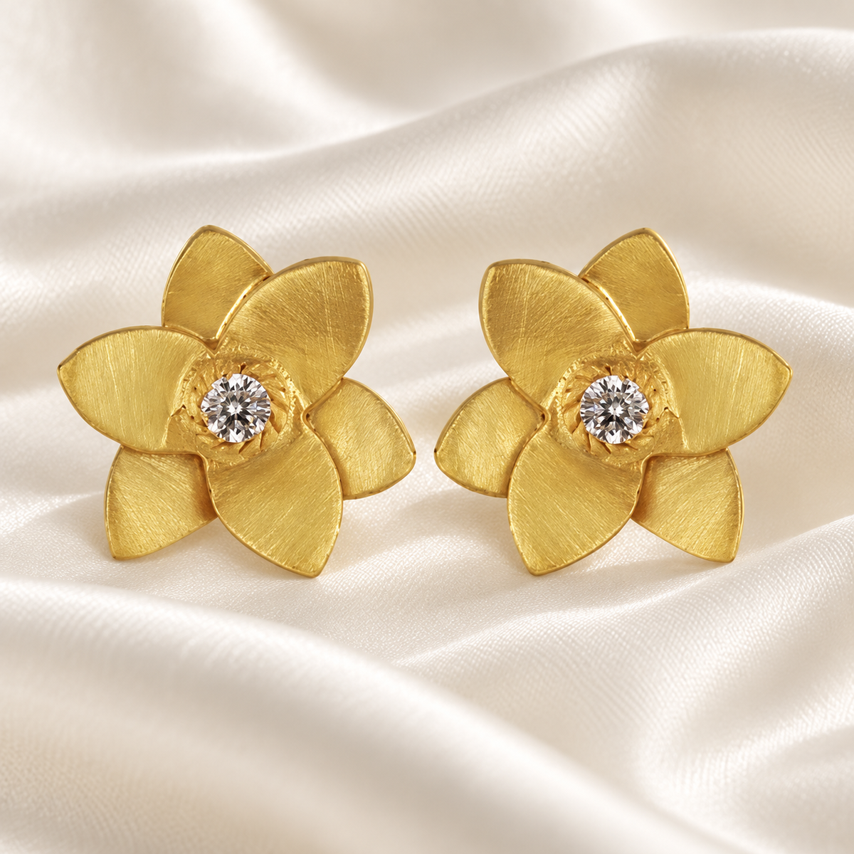 Montecito White Topaz Brushed Gold Plumeria Stud Earrings