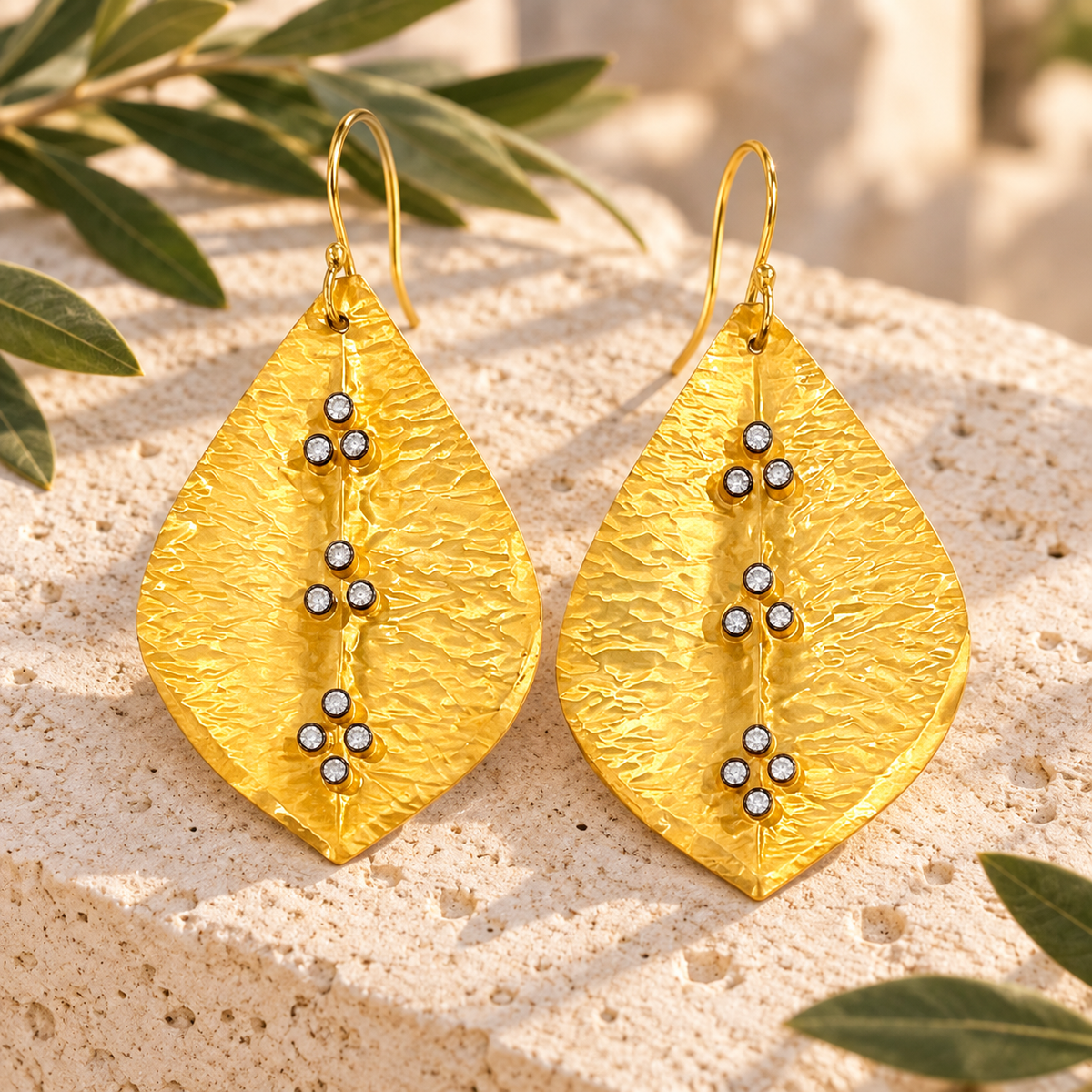 Ibiza Hammered Gold Leaf White Topaz Statement Earrings