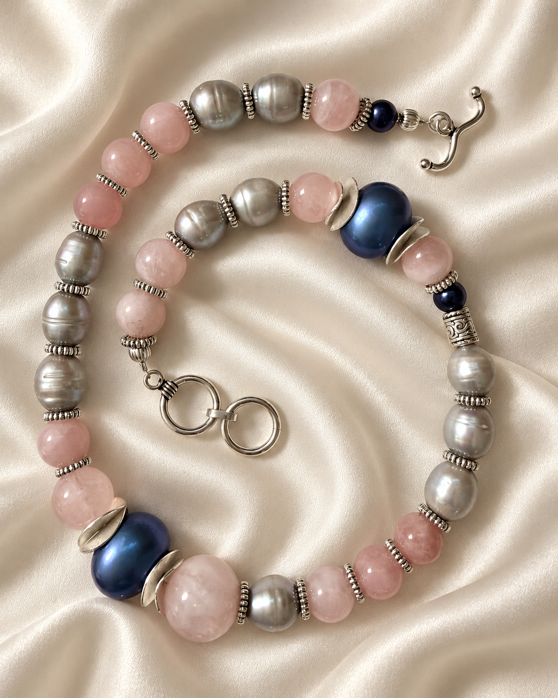 Montecito Rose Quartz, Gray & Blue Pearl Statement Necklace