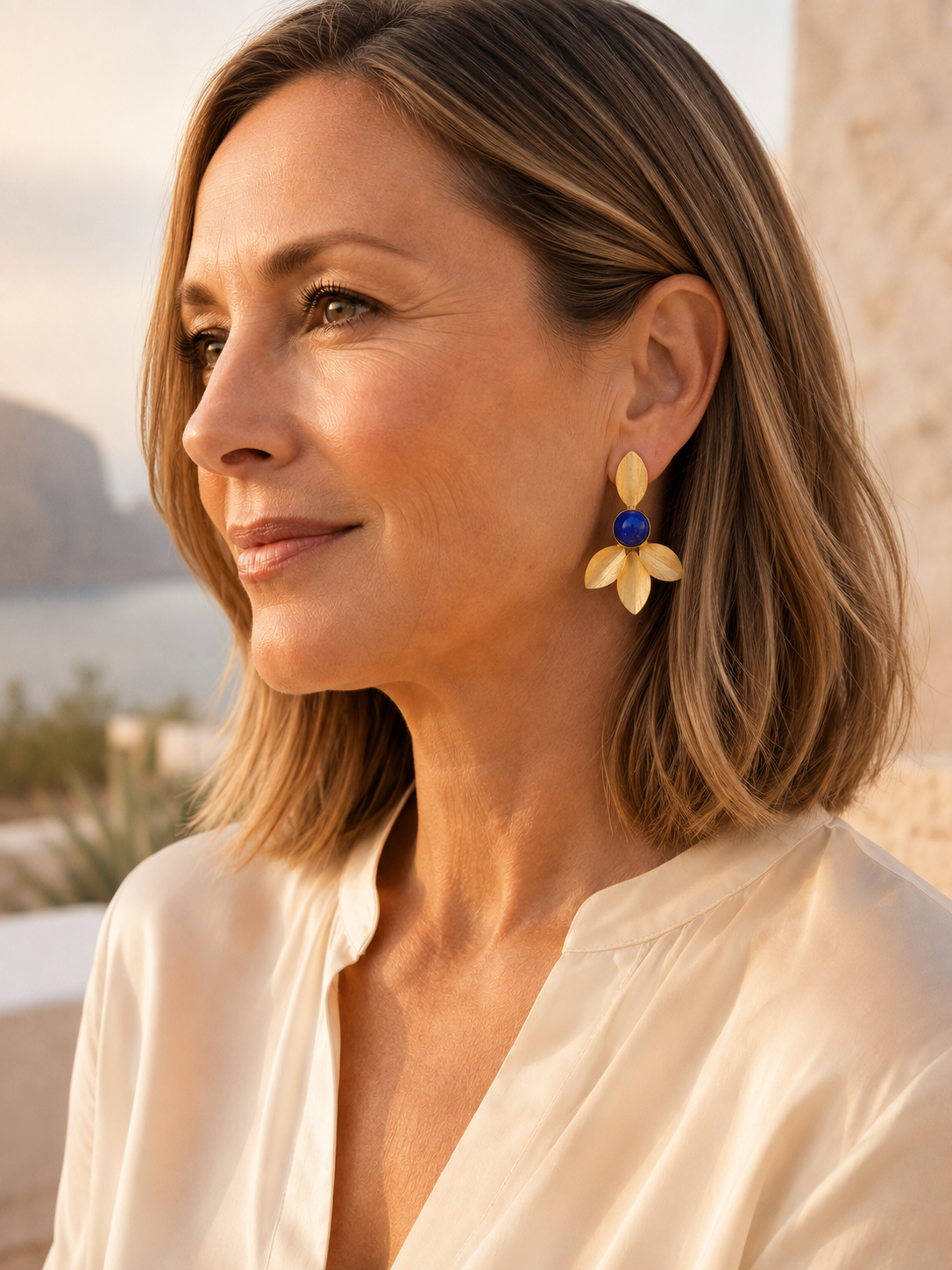 Ibiza Lapis Lazuli & Brushed Gold Leaf Earrings | 22k Gold Vermeil