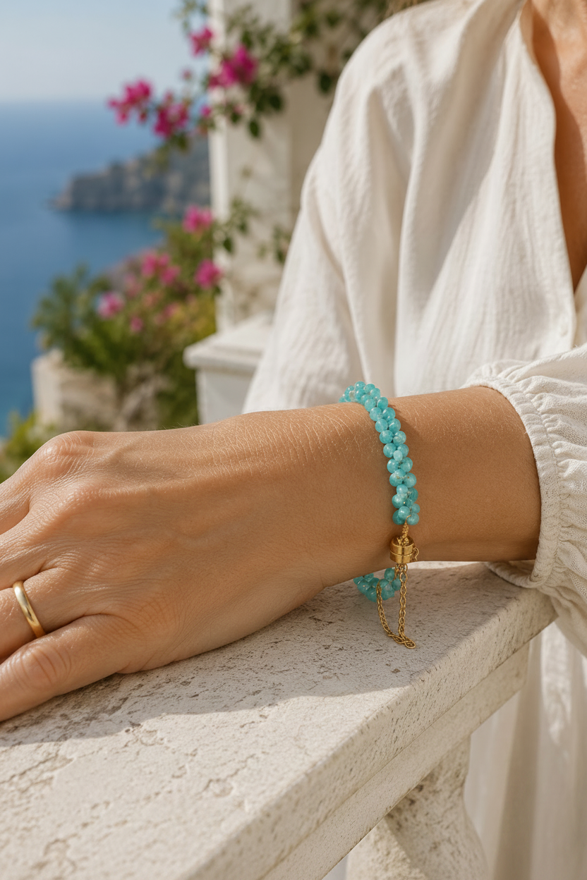 Capri Genuine Larimar Cluster Bracelet – 22K Gold Wire | Limited Edition