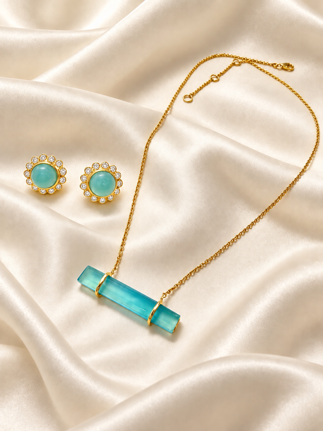 Capri Aqua Chalcedony Gold Necklace & Pavé Stud Earring Set