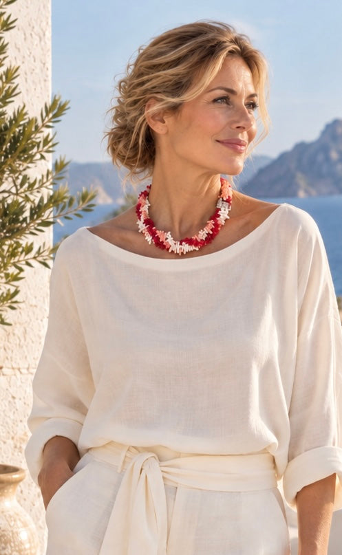 Ibiza Red, Pink & Ivory Coral Statement Necklace + Bracelet Set