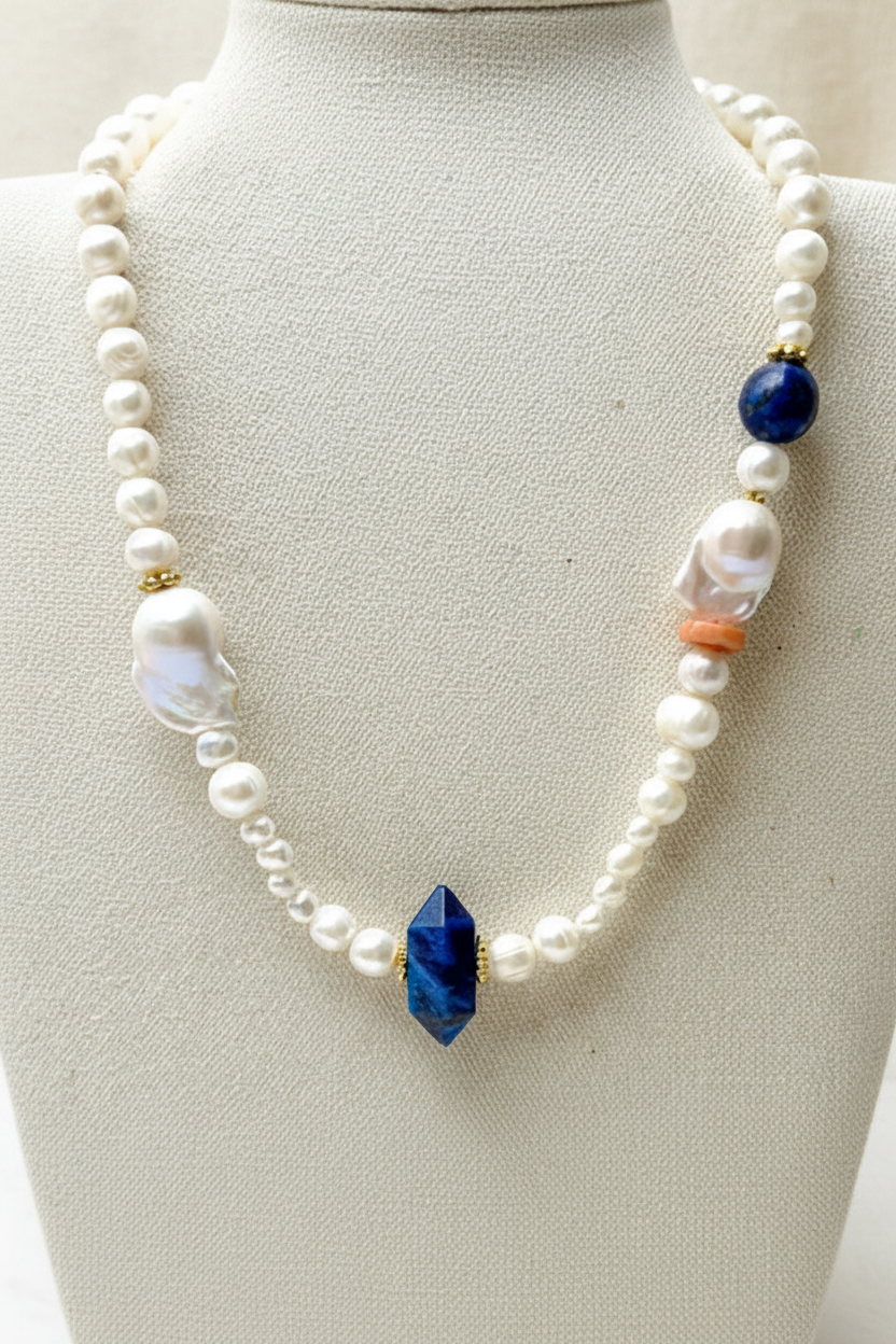 Amalfi Lapis Lazuli, Baroque Pearl & Coral Statement Necklace