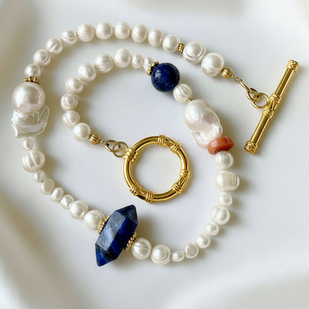 Amalfi Lapis Lazuli, Baroque Pearl & Coral Statement Necklace