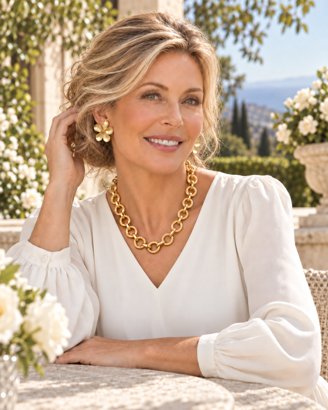 Montecito Gold Link Necklace & Floral Stud Earring Set