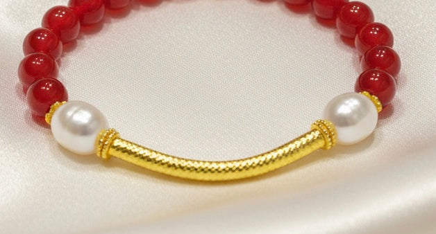 Ibiza Red Agate, Baroque Pearl & Gold Vermeil Bracelet