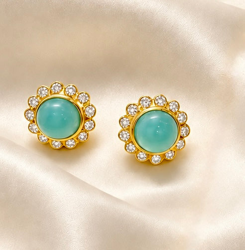 Capri Aqua Chalcedony Gold Necklace & Pavé Stud Earring Set