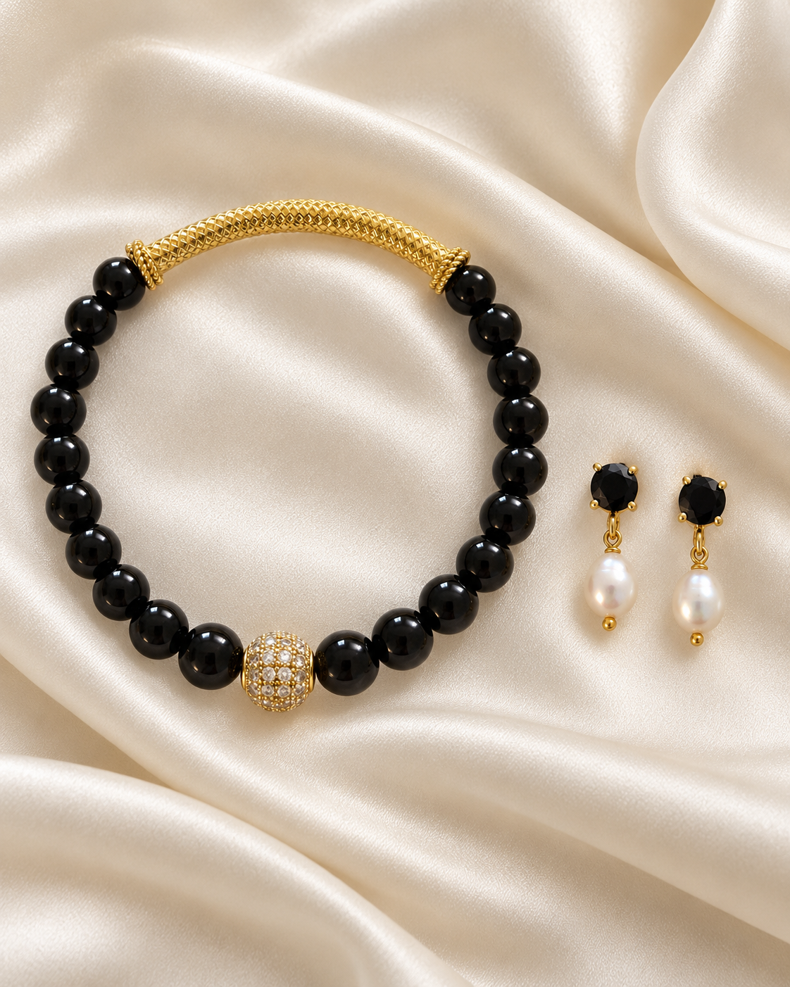 Ibiza Noir Black Onyx Pearl Gold Jewelry Set