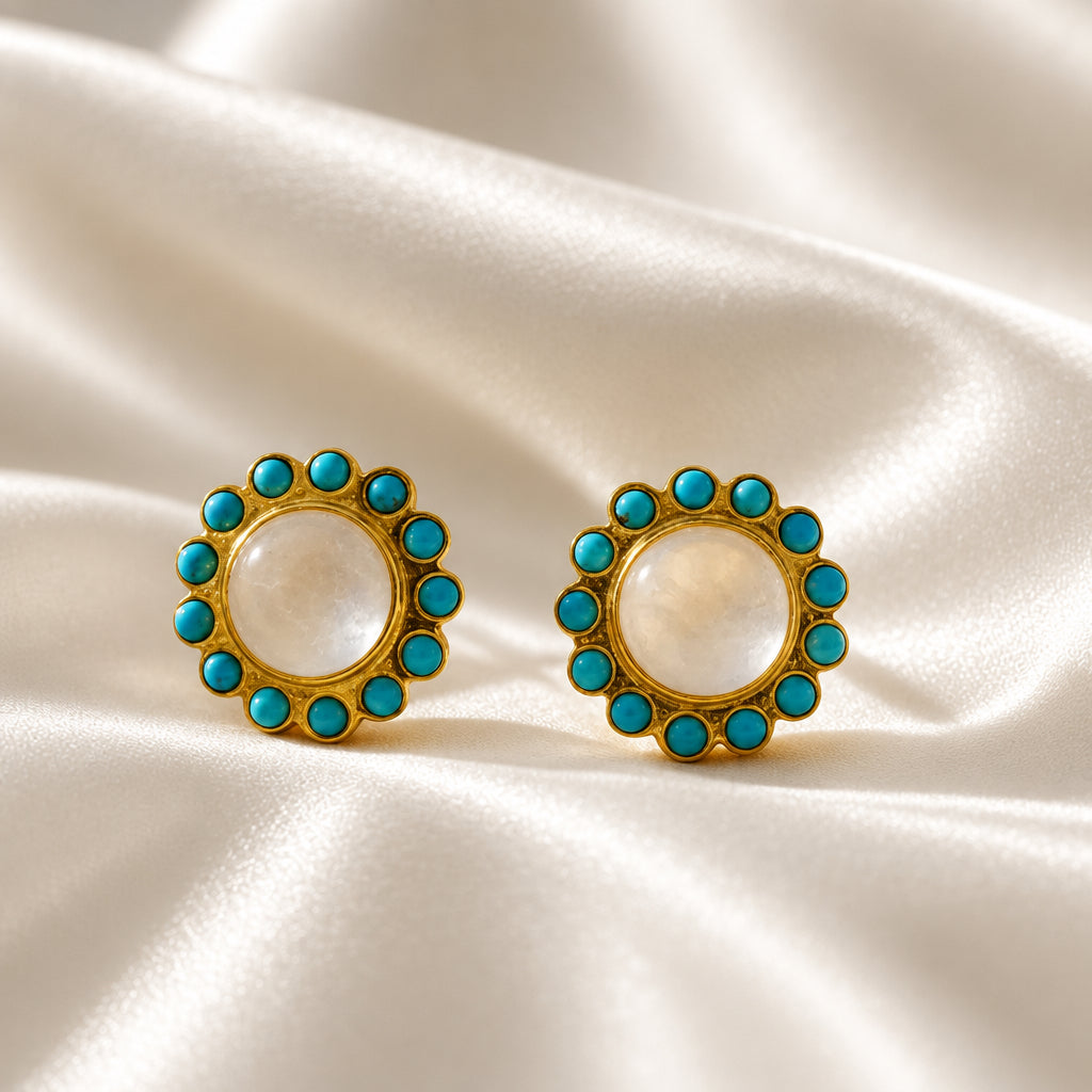 Capri Turquoise & White Moonstone Gold Jewelry Set