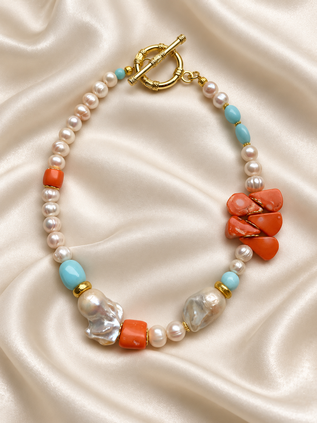 Amalfi Blue Opal, Coral & Baroque Pearl Necklace