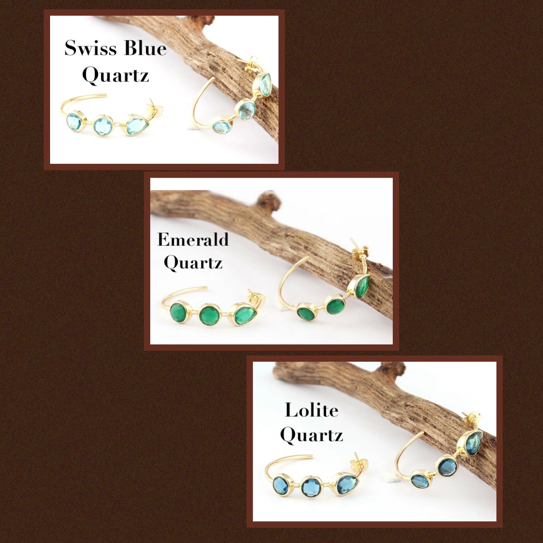 Quartz Gemstone Gold Hoop Earrings - Swiss Blue, Emerald & Blue Iolite Quartz - 14k Gold Plated 1.25”