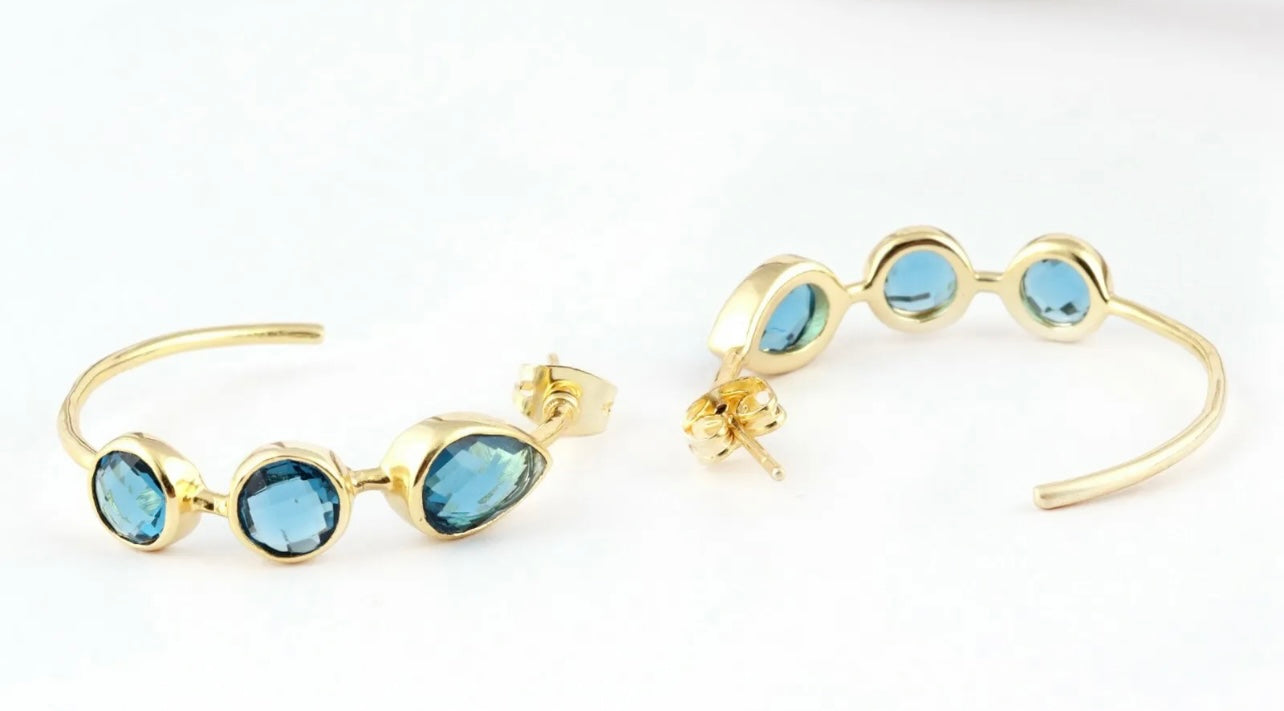Quartz Gemstone Gold Hoop Earrings - Swiss Blue, Emerald & Blue Iolite Quartz - 14k Gold Plated 1.25”