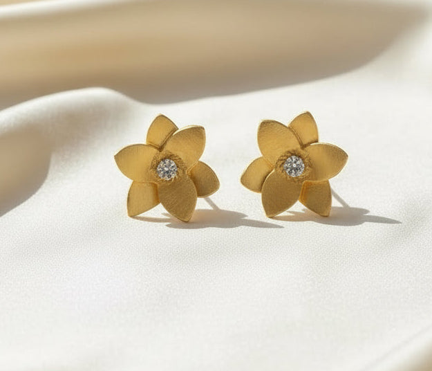 Montecito White Topaz Brushed Gold Plumeria Stud Earrings