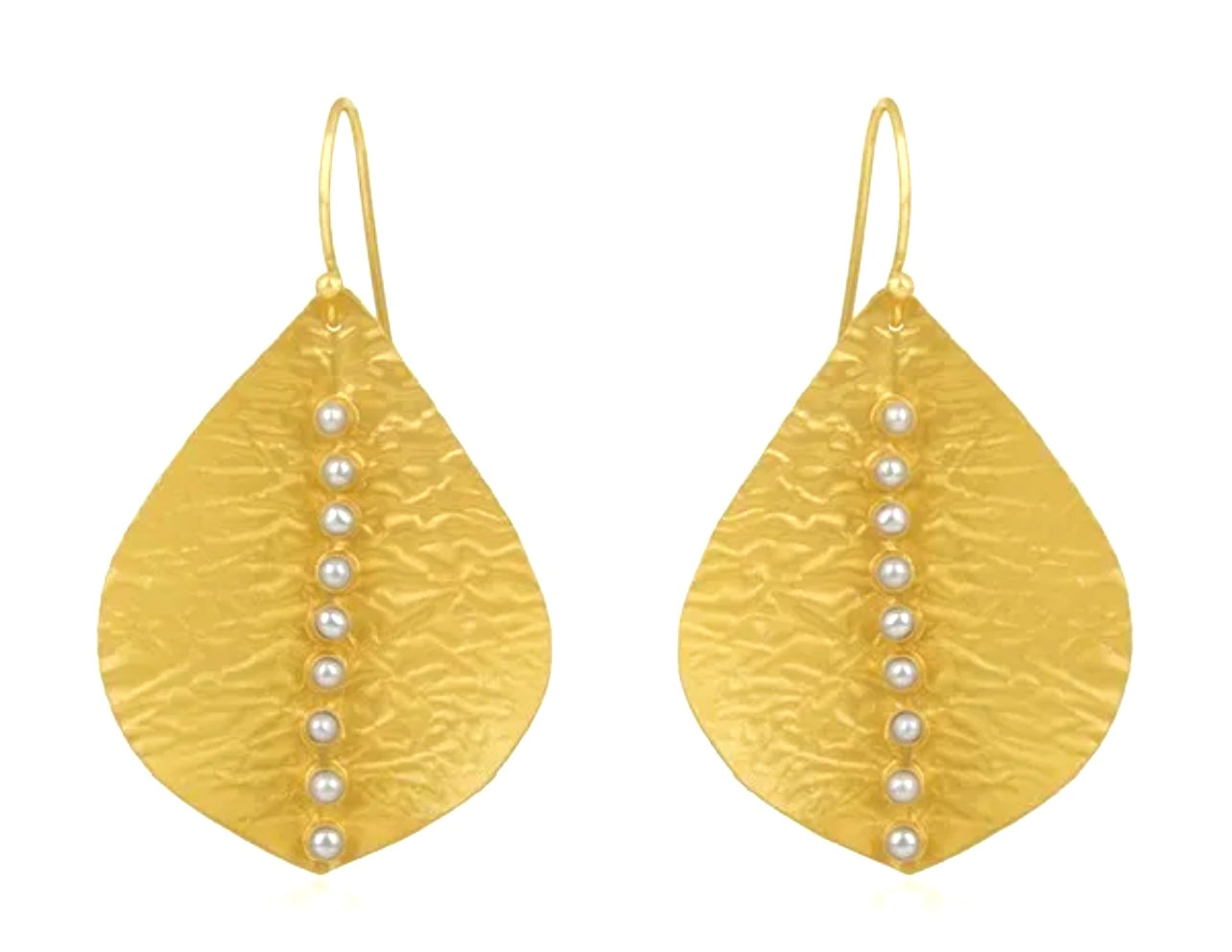 Hammered 22k Gold Leaf Pearl Statement Earrings 2.5”
