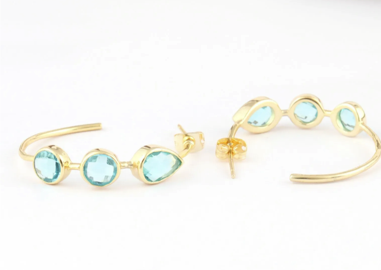 Quartz Gemstone Gold Hoop Earrings - Swiss Blue, Emerald & Blue Iolite Quartz - 14k Gold Plated 1.25”