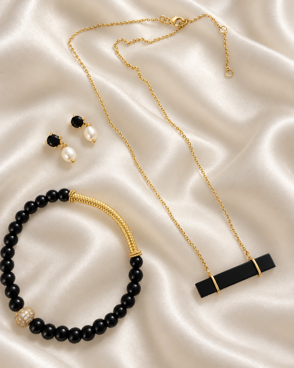 Ibiza Noir Black Onyx Pearl Gold Jewelry Set