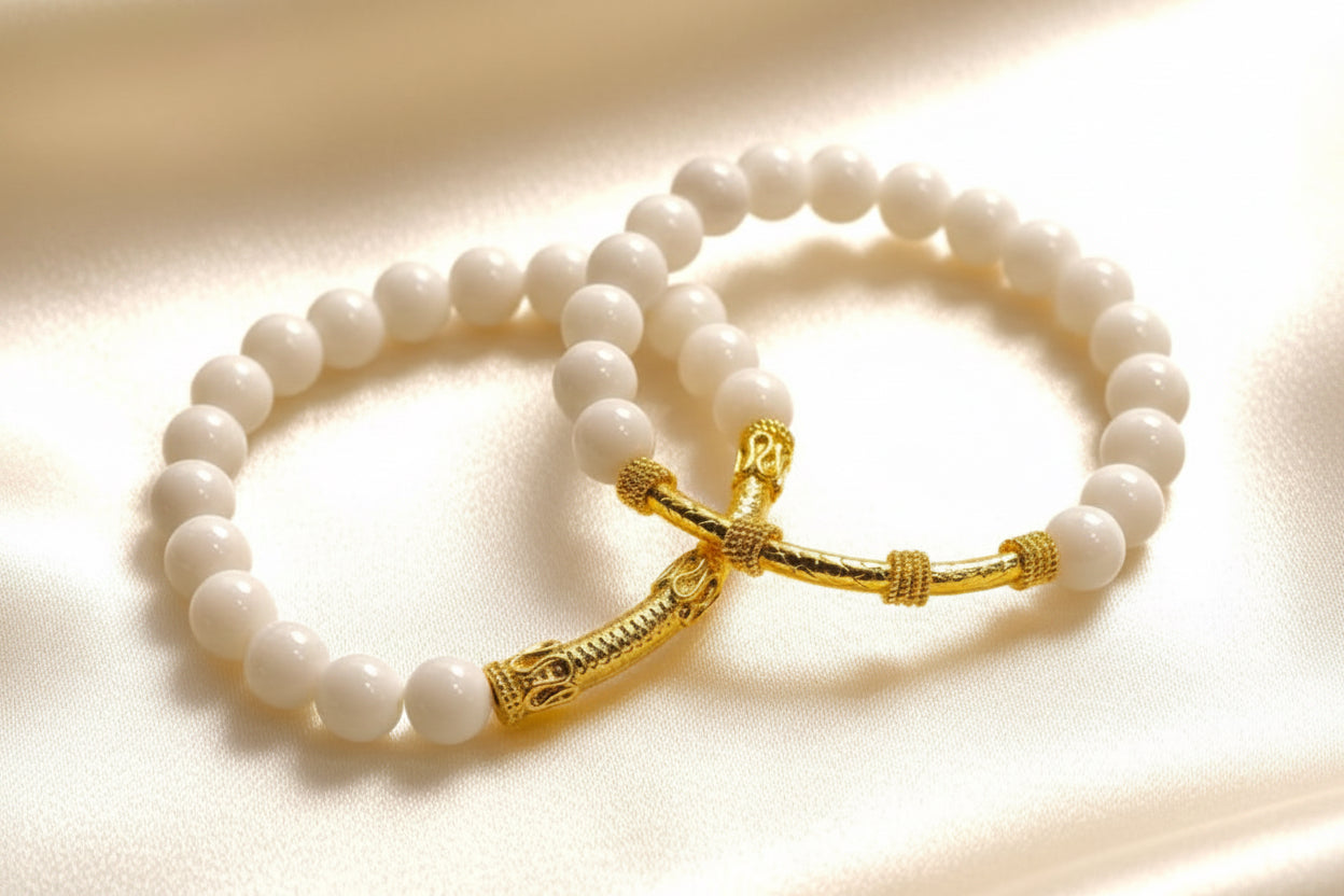 Montecito Alabaster & Bali Gold Vermeil Bracelet | Luxury White Gemstone Bracelet
