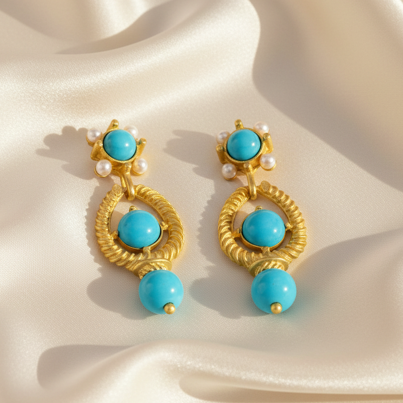 Capri Turquoise, Pearl & Gold Vermeil Drop Earrings