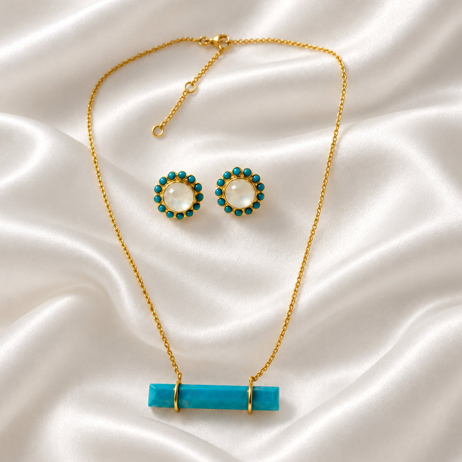 Capri Turquoise & White Moonstone Gold Jewelry Set
