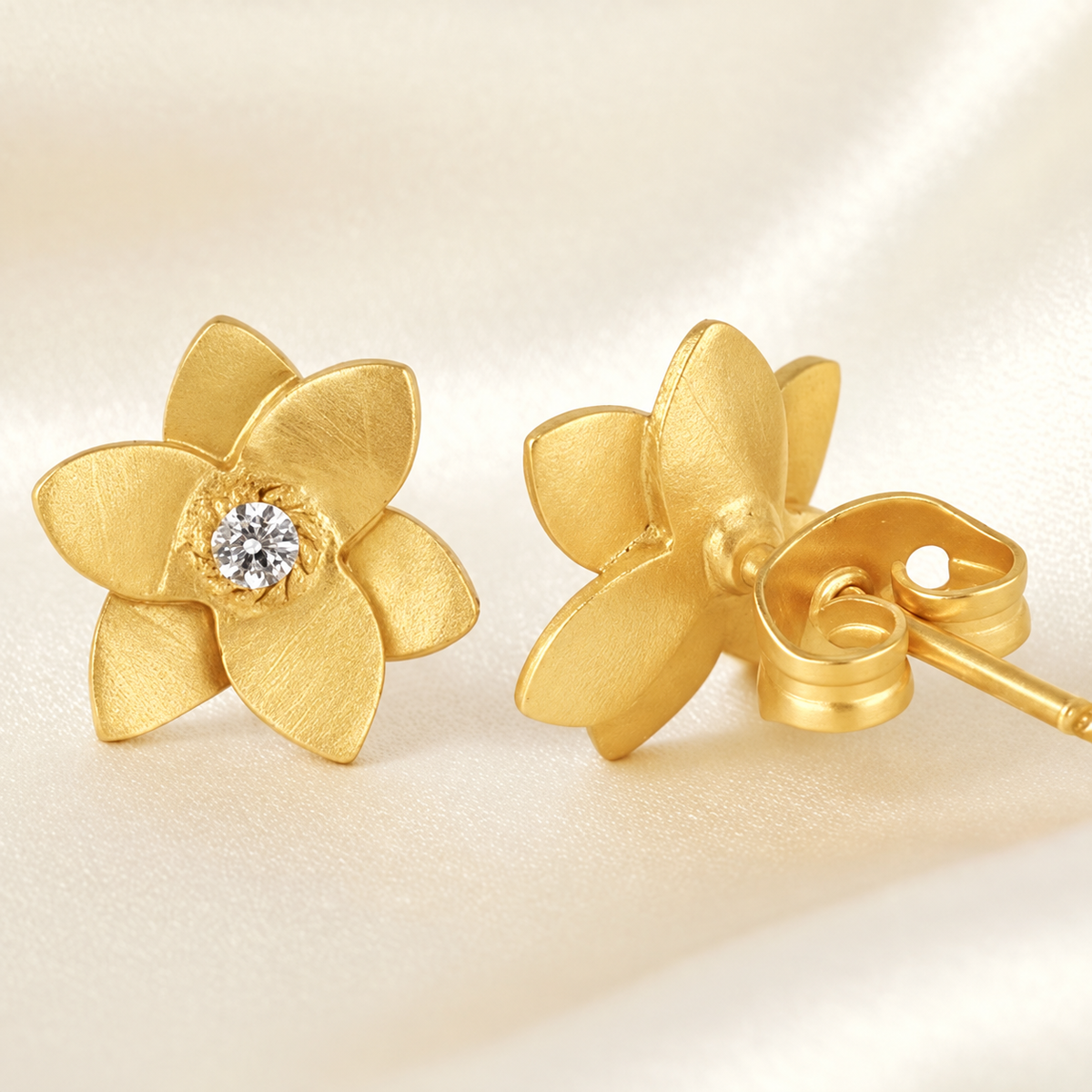 Montecito White Topaz Brushed Gold Plumeria Stud Earrings