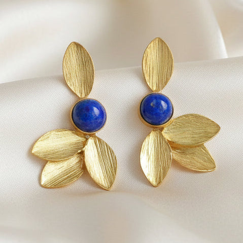Ibiza Lapis Lazuli & Brushed Gold Leaf Earrings | 22k Gold Vermeil