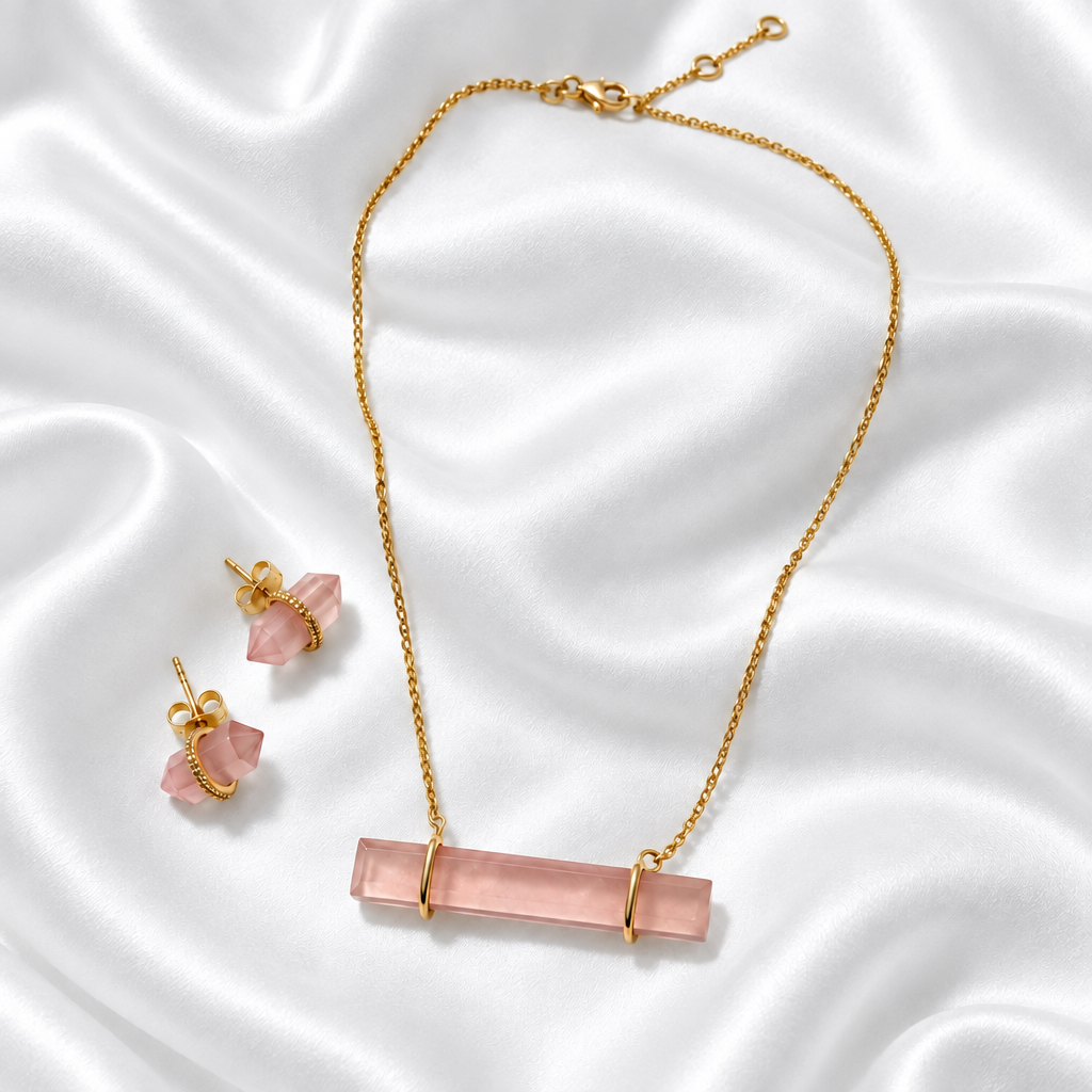 Montecito Rose Quartz Baguette Necklace & Pavé Earrings Set