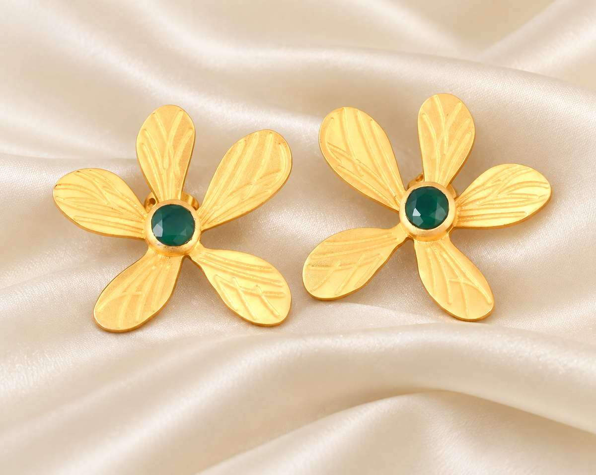 Montecito Green Onyx Gold Floral Statement Earrings