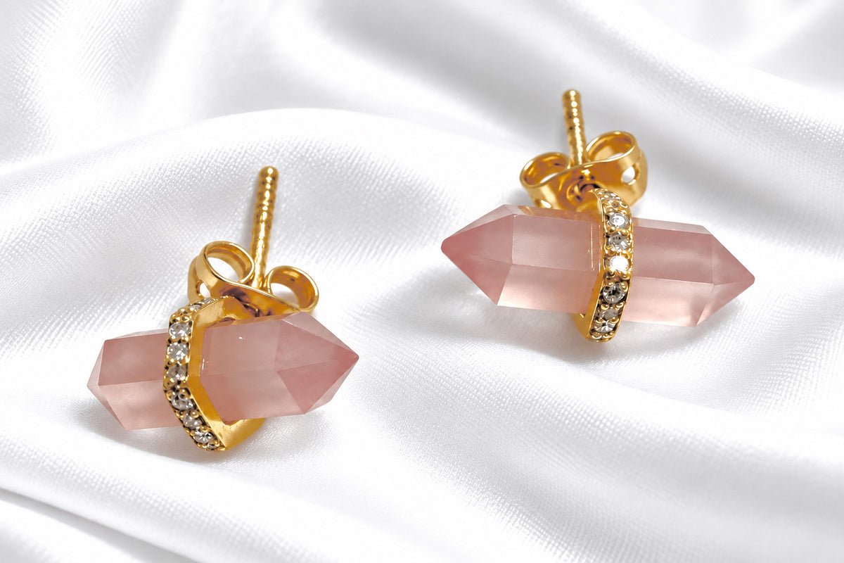 Montecito Rose Quartz Baguette Necklace & Pavé Earrings Set
