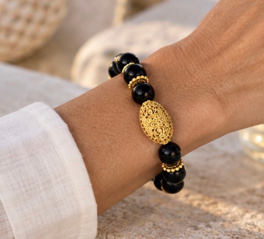 Ibiza Black Onyx & Balinese Gold Statement Bracelet