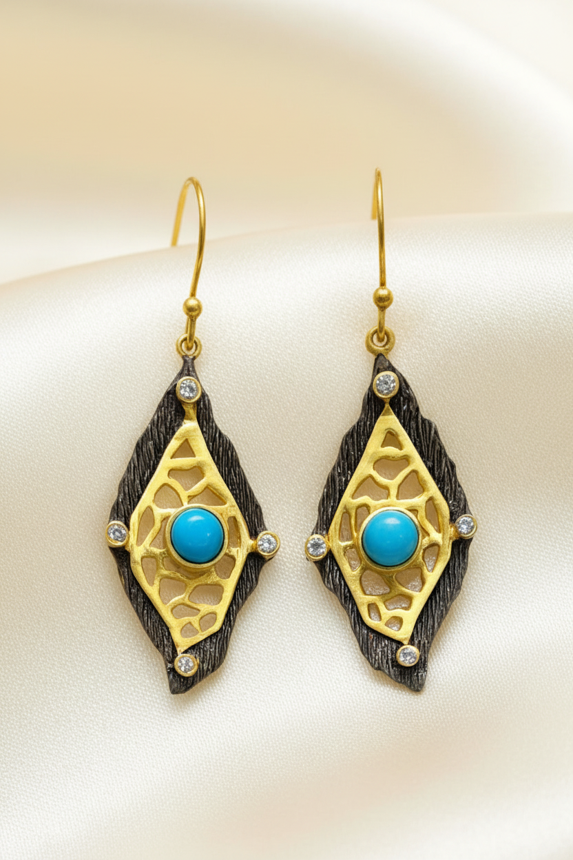 Capri Turquoise, Black Rhodium & Gold Filigree Earrings