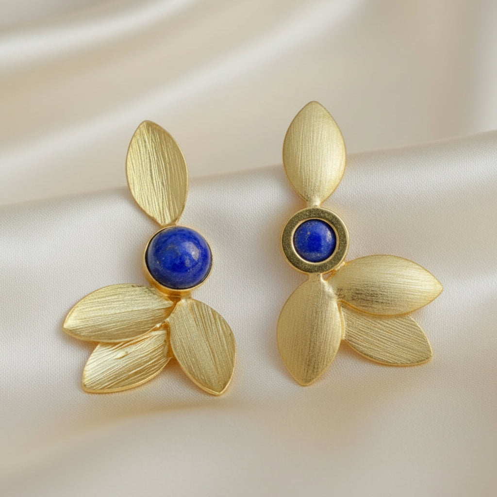 Ibiza Lapis Lazuli & Brushed Gold Leaf Earrings | 22k Gold Vermeil