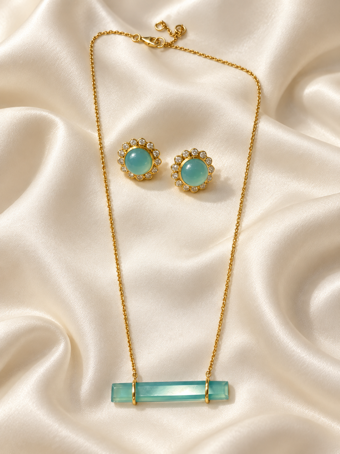 Capri Aqua Chalcedony Gold Necklace & Pavé Stud Earring Set
