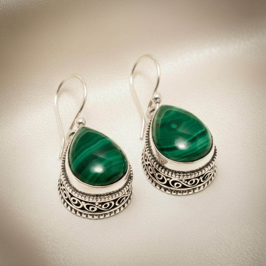 Montecito Malachite Sterling Silver Drop Earrings | One-of-a-Kind Luxury Artisan Earrings