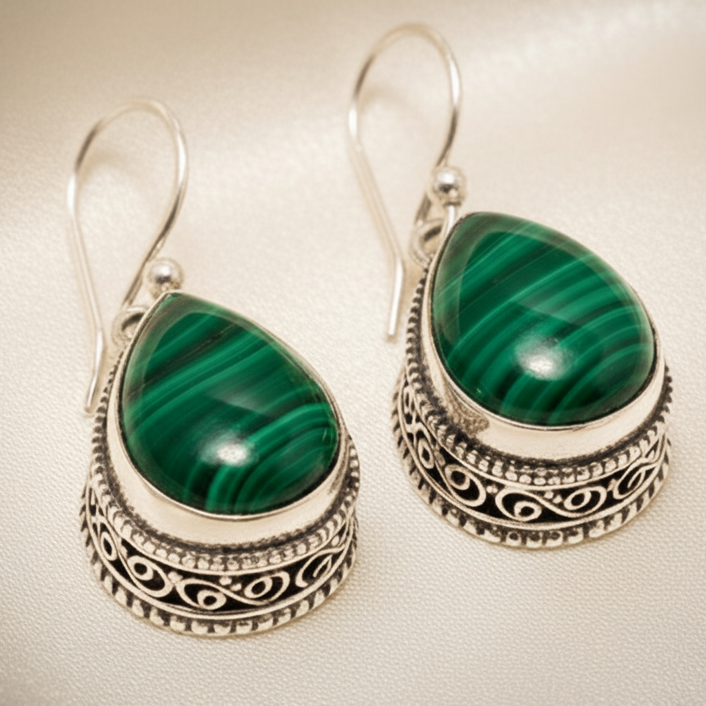 Montecito Malachite Sterling Silver Drop Earrings | One-of-a-Kind Luxury Artisan Earrings